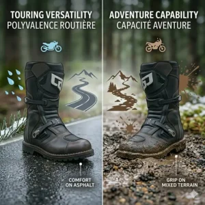 Infographic illustrating all-season waterproof motorcycle boots performing across varied Canadian environments from paved highways to muddy backroads.