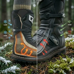 Illustration demonstrating the thermal lining layers of all-season waterproof motorcycle boots suited for spring to late autumn riding across Canada.