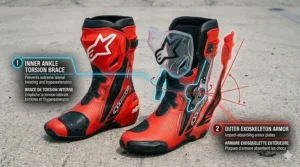 Anatomical illustration highlighting the mechanical ankle torsion brace system required to meet track day motorcycle boots requirements for high-speed track riding.
