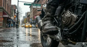 Macro 4K illustration highlighting the grip of a rugged rain motorcycle boot sole on a metallic foot peg during a wet commute on Water Street.