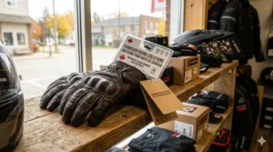 Comparison of motorcycle glove brands featuring bilingual English and French "Gants de moto" labeling for Canadian retail.