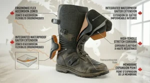 A technical layout highlighting ergonomic flex accordion zones and high-tensile stretch fabric to handle variable terrain during a transcontinental ride.