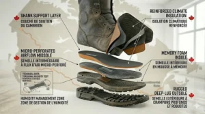 A technical layered graphic showcasing the boot's structural foundation and torsional rigidity engineered for a cross-country Canadian transcontinental ride.