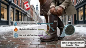 Stylish brown leather waterproof insulated riding boots suitable for both the barn and urban Canadian winter commutes.