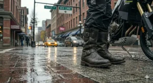 Highly detailed 4K illustration of waterproof motorcycle boots standing on slick cobblestone during a rainy Vancouver morning commute with city traffic in soft focus.