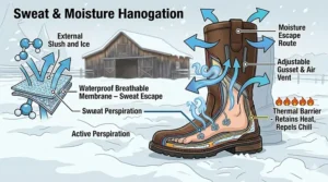 Illustration showing how sweat escapes waterproof insulated riding boots to prevent dampness and chills during active winter riding.