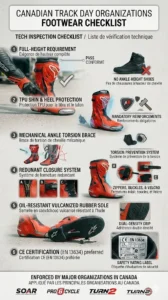 An infographic checklist of track day motorcycle boots requirements enforced by major Canadian racing organizations and track day providers during technical inspection.