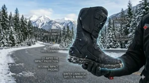 Illustration of CE-certified safety armor in insulated motorcycle boots for winter protection and impact resistance.