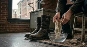 A rider washing scuffed leather rain motorcycle boots with a cloth and bowl of water inside a Vancouver office setting to maintain waterproof protection.