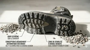 Graphic showcasing the hybrid comfort of dual sport boots for both active adventure riding on gravel roads and walking at Canadian campsites.