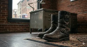 Damp leather rain motorcycle boots resting on a Persian rug inside a brick-walled Gastown office after a wet Vancouver commute.