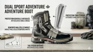 Diagram of a dual sport motorcycle boot sole highlighting deep tread patterns optimized for maximum grip on loose gravel roads in Canada.