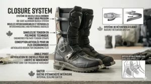 Close-up illustration of heavy-duty, adjustable buckles on dual sport boots built to endure harsh gravel roads and off-road trails.