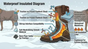 Illustration showing the outer material of riding boots resisting barn acids and salt used on Canadian winter roads and walkways.