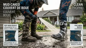 A technical biomechanical diagram illustrating the internal ankle hinge and support system that provides stability in slippery ruts, directly enhancing enduro boots mud performance and rider safety.
