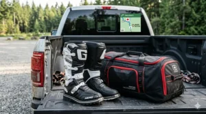 A photorealistic 4K illustration of clean enduro boots and gear in a truck bed at an Algonquin Provincial Park trailhead, highlighted with bilingual signage to emphasize regional readiness and mud performance.