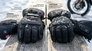 Comparison of leather and textile durability and waterproofing features of Gerbing and Firstgear heated gloves.