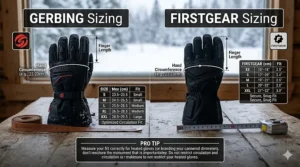 Sizing guide and fit comparison for Gerbing and Firstgear heated gloves to ensure proper circulation.