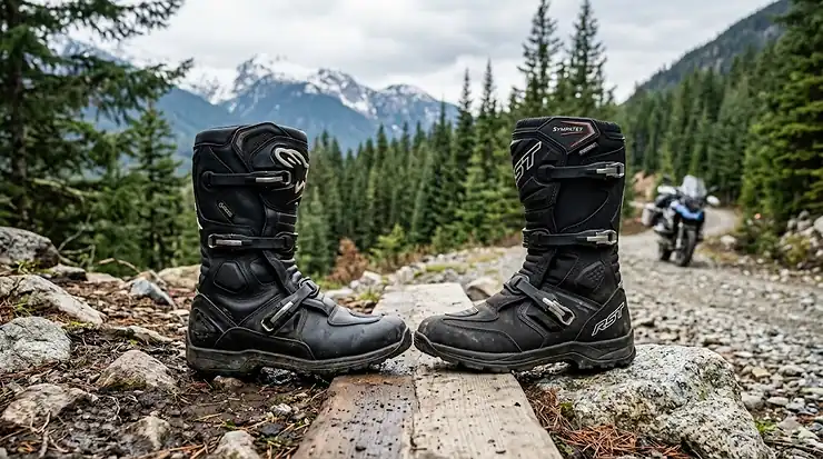 A side-by-side comparison of Gore-Tex vs Sympatex adventure touring motorcycle boots sitting on a wooden plank along a rugged, mountainous trail in British Columbia, Canada. Gore-Tex vs Sympatex motorcycle boots