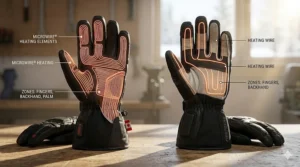 Technical illustration showing the heating wire placement in Gerbing vs Firstgear heated gloves for maximum finger warmth.