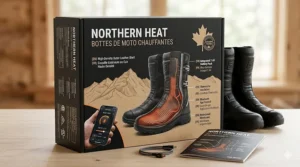 Product packaging for heated motorcycle boots featuring English and French (Bottes de moto chauffantes) labels for the Canadian market.