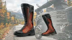 Diagram of heated motorcycle boots showing the internal carbon fiber heating elements and insulation layers.