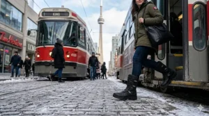 An urban rider stepping off their bike in Toronto, wearing stylish heated motorcycle boots that look like casual footwear.