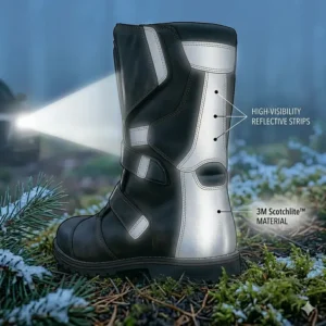 Night-view illustration emphasizing the high-visibility reflective piping built into durable all-season waterproof motorcycle boots.