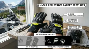 High-visibility yellow motorcycle gloves with reflective piping for safer night riding on Canadian highways.