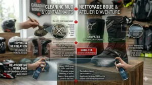 A step-by-step instructional maintenance visual in a workshop setting showing how to scrub off trail mud and spray Durable Water Repellent (DWR) onto waterproof motorcycle boots using bilingual instructions.