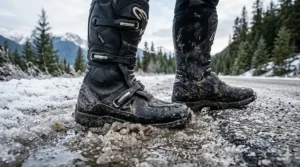 A close-up shot of an adventure motorcyclist's boots wading through dirty, melting ice, snow, and slush on a remote Canadian mountain road during an early spring or late fall ride.