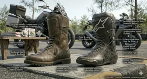 Infographic comparing the material weight and density of full-grain leather sport touring gear versus lightweight composite racing boots.