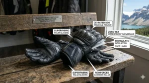Diagram highlighting CE-rated knuckle protection and palm sliders on a high-performance motorcycle glove.