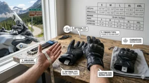 An illustrated hand measurement guide showing how to find the perfect motorcycle glove fit for Canadian riders.