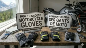 A stylized graphic featuring "How to Choose Motorcycle Gloves" and the French translation "Comment choisir ses gants de moto."