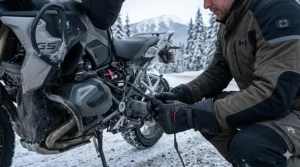 A Canadian motorcyclist connecting 12V heated gloves to a bike for long-distance winter riding.