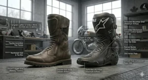 Illustration showcasing flexible accordion joints in sport touring boots that offer walking comfort during Canadian road trips.