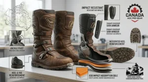Technical diagram of the most comfortable ADV boots for long distance showing ankle protection and reinforced soles for Canadian off-road trails.