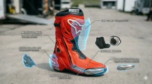 A technical diagram displaying the mandatory TPU shin armor, reinforced heel cup, and toe sliders that satisfy track day motorcycle boots requirements.
