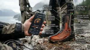 Illustration highlighting the ankle protection and reinforced toe cap of armoured heated motorcycle boots.