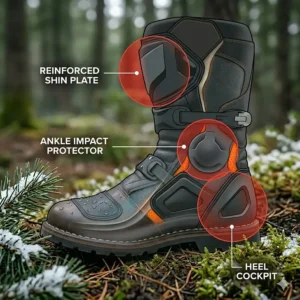 Product diagram mapping out the ankle, heel, and shin protective armor on all-season waterproof motorcycle boots with CE-certification ratings.