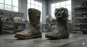 Graphic highlighting internal lacing and ratchet buckle systems on track race boots versus quick Velcro closures on touring gear.