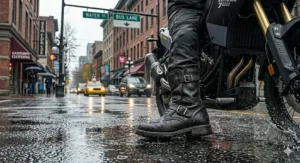 Photorealistic 4K illustration of a motorcyclist's wet leather riding boot splashing through a puddle on Water Street during a rainy morning commute in Vancouver.