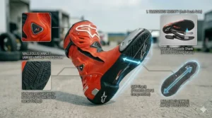 Illustration of a vulcanized rubber sole and rigid shank design, highlighting crush-resistance standards under Canadian track day motorcycle boots requirements.