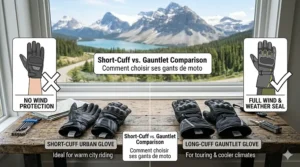 Illustration comparing short-cuff urban gloves to long gauntlet-style gloves for wind protection.
