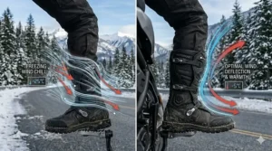 Comparison of boot heights showing how tall insulated boots prevent wind chill during Canadian winter highway riding.