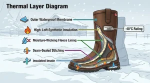 Diagram of waterproof insulated riding boots showing moisture-wicking lining and thermal layers for extreme Canadian winters.