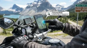 Illustration of a rider using a smartphone GPS with touchscreen-sensitive fingertips on their motorcycle gloves.