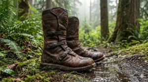 Waterproof adventure motorcycle boots being tested in rainy British Columbia weather; ideal for comfortable long distance riding in Canada.