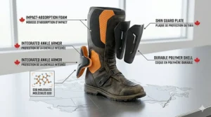 Diagram outlining protective ankle armor and waterproof build on adventure boots for a transcontinental ride — bottes de moto imperméables.